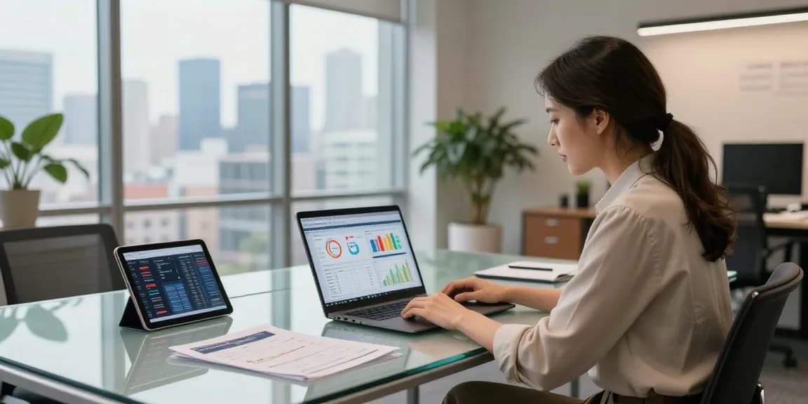 ETF performance analysis in a modern office with financial advisor and investment tools.