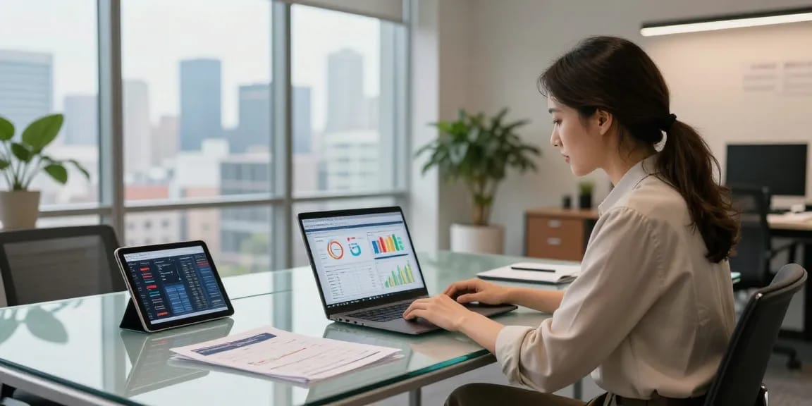 ETF performance analysis in a modern office with financial advisor and investment tools.