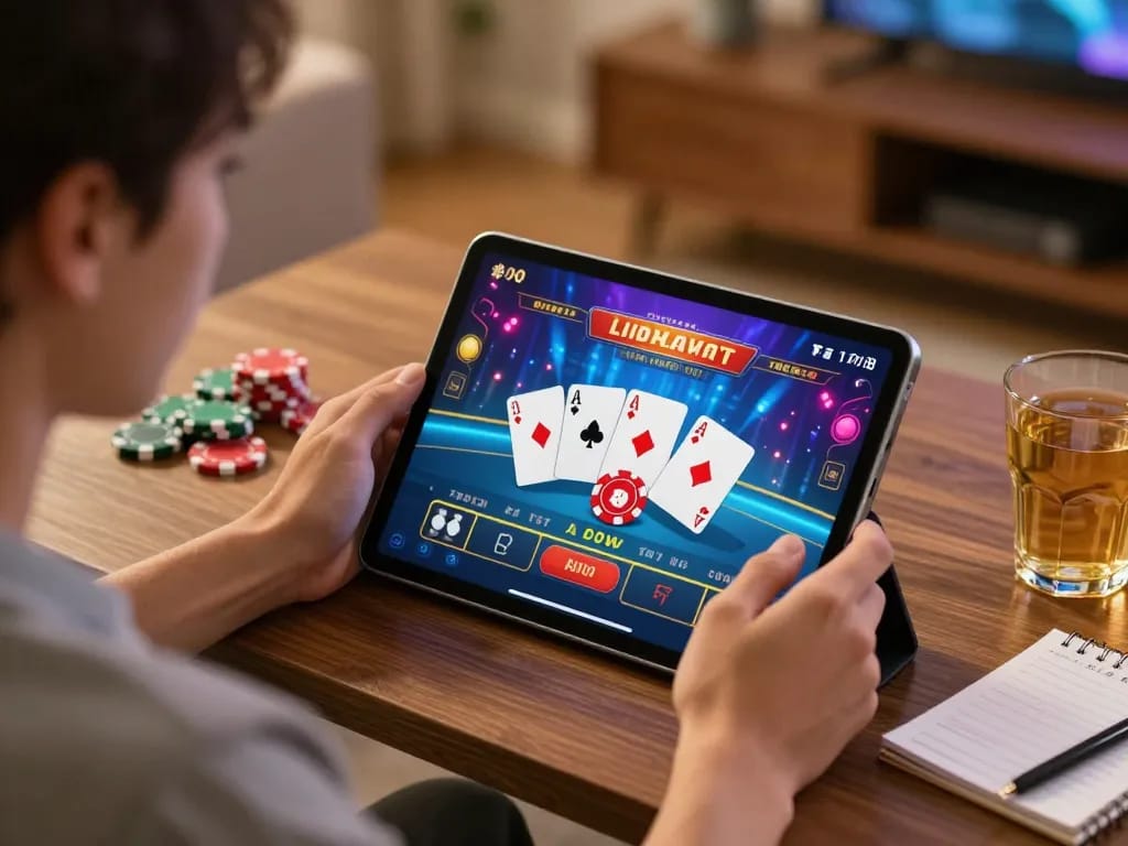 Gambling enthusiast enjoys live Daga online casino gaming while analyzing strategies in a cozy environment