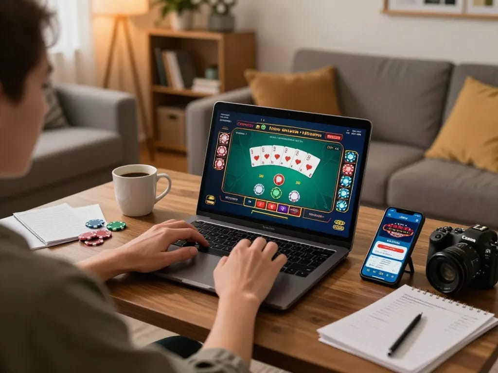 Player immersed in lc88 online blackjack game at home with laptop and casino app on smartphone.