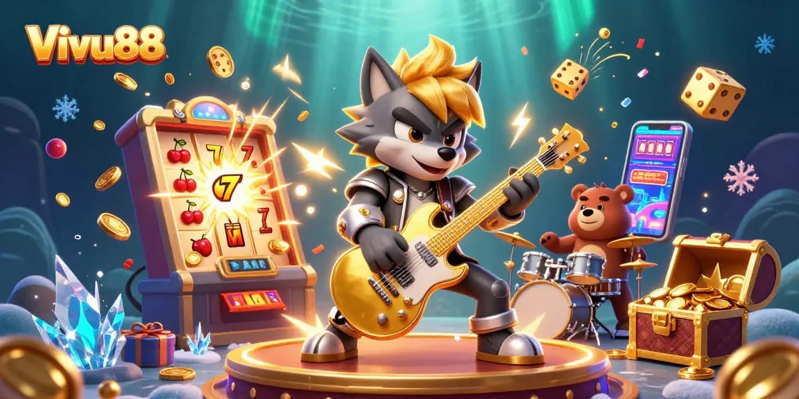 Experience the thrill of Vivu88 with a vibrant casino scene featuring interactive game elements and lively characters.