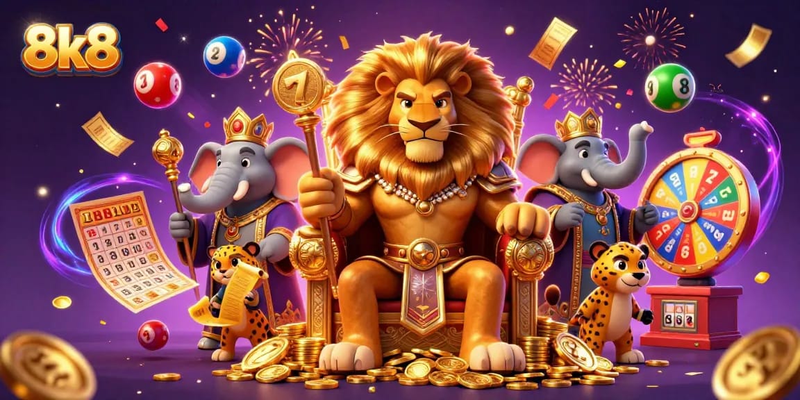 Experience thrilling excitement with 8k8 as vibrant lottery balls and jackpot elements fill the scene.