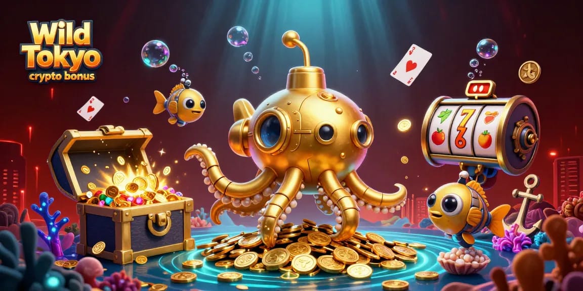 Illustrazione di Wild Tokyo crypto bonus con slot, tesori marini e un kraken sottomarino