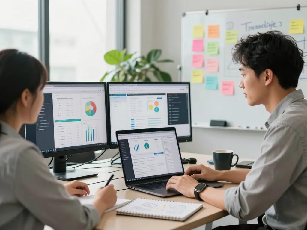 Marketing professional analyzing Go 99 data insights in a modern office.