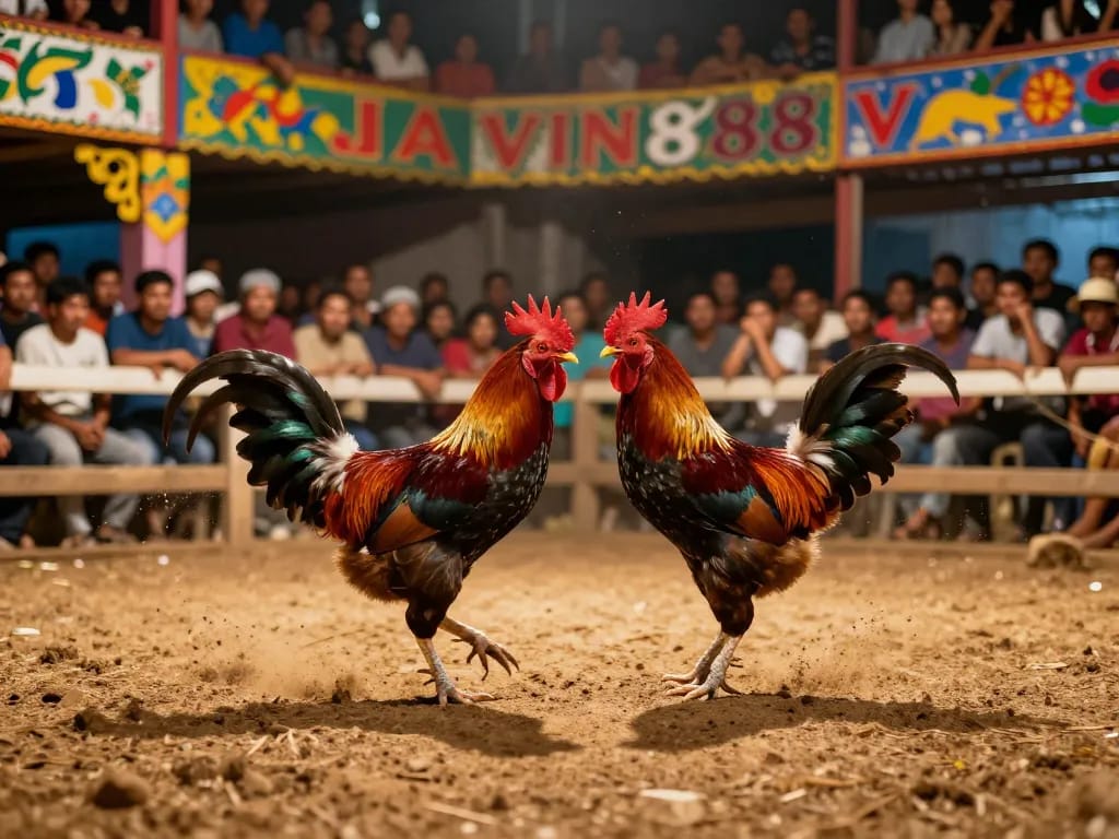 Cockfighting action at VIN88 showcasing exciting roosters in competition, with a captivated audience in the background.