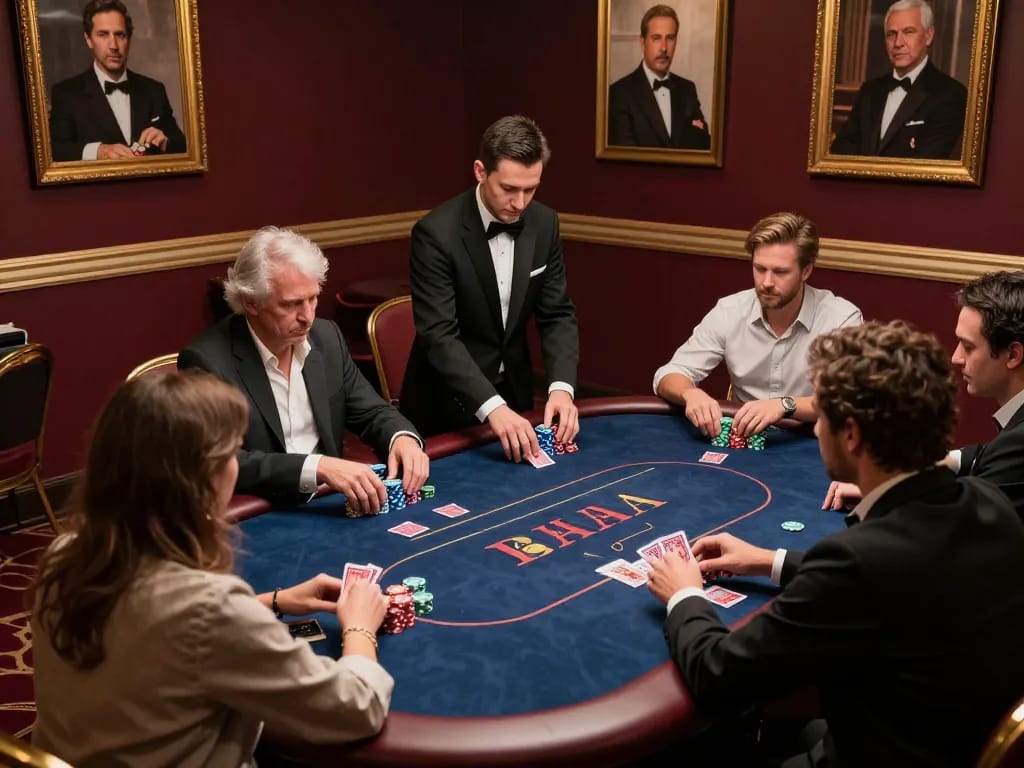 Engaging poker players strategizing in a high-stakes casino game at debet table.
