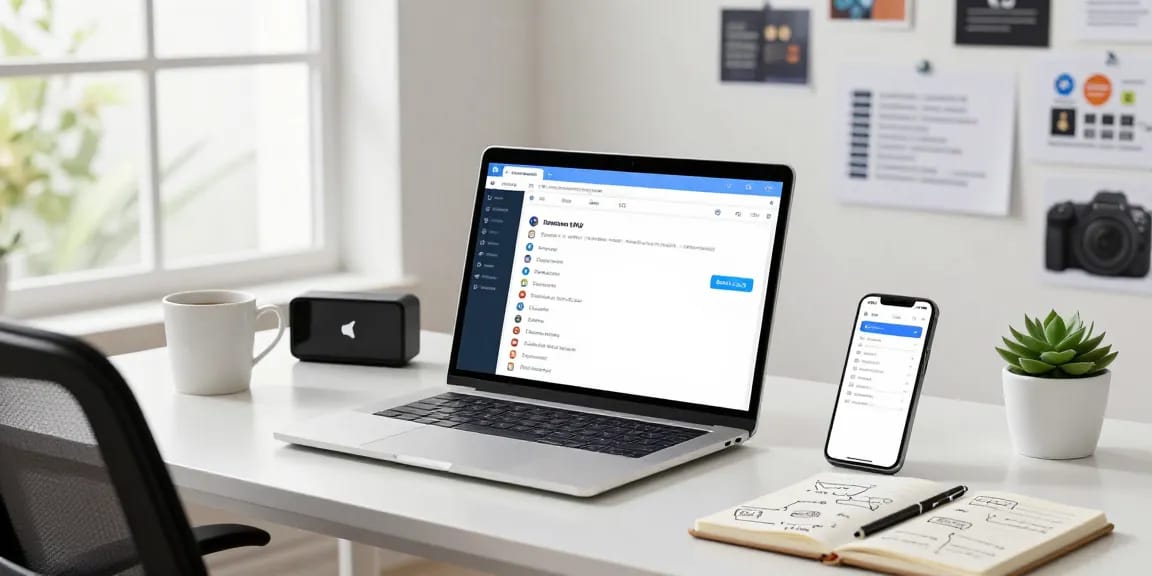Using Telegram Web Version on a sleek laptop in a modern workspace, with notifications on smartphone.