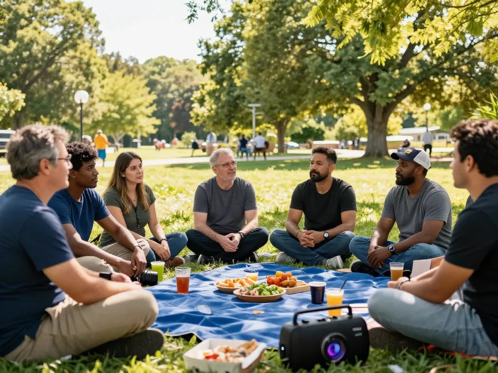 Men club gathering in a park, discussing openly while enjoying a picnic, fostering connection.