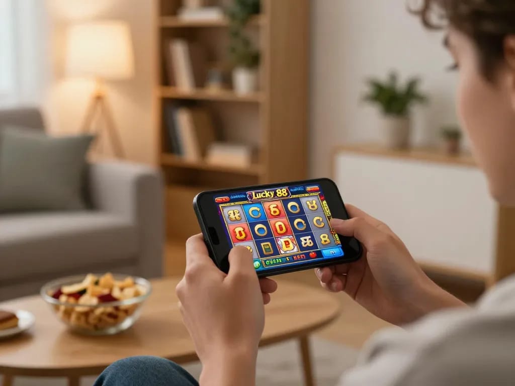 Engaging Lucky 88 online slot gameplay on smartphone reveals colorful graphics and cozy home setting.