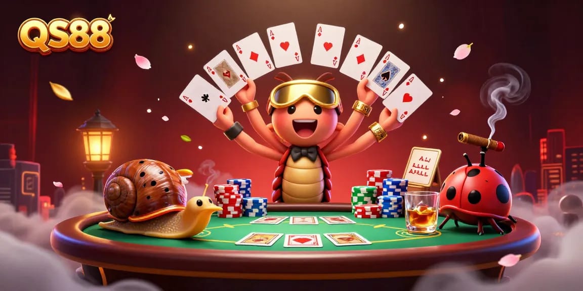 Experience the excitement of QS88 with a vibrant 3D illustration of dynamic casino action.