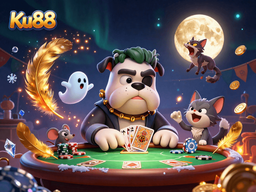 Delve into Ku88 poker strategies with a whimsical scene featuring a Frankenstein bulldog and ghost mouse.