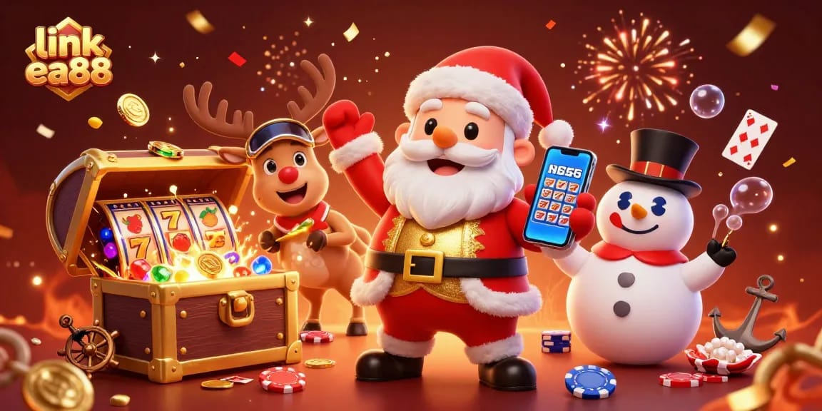 Experience excitement with link ea88 as Santa celebrates jackpots surrounded by vibrant casino elements.