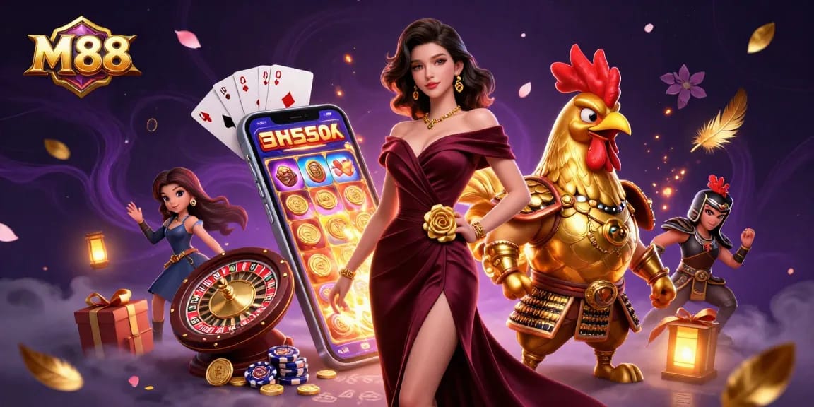 M 88 combines glamour and gaming, showcasing a stunning 3D scene with slots and casino elements.