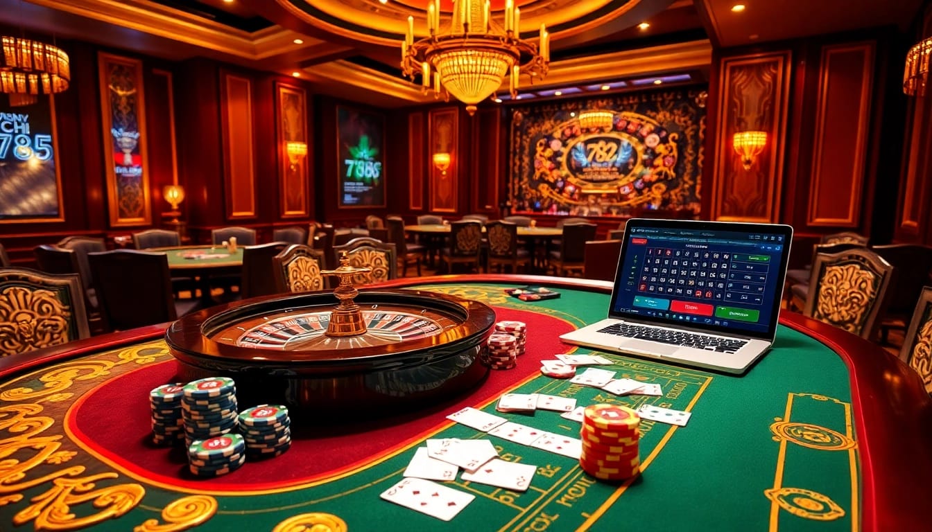 Exciting scene on trang chủ 789f with poker chips and roulette wheel in a luxurious casino setting.