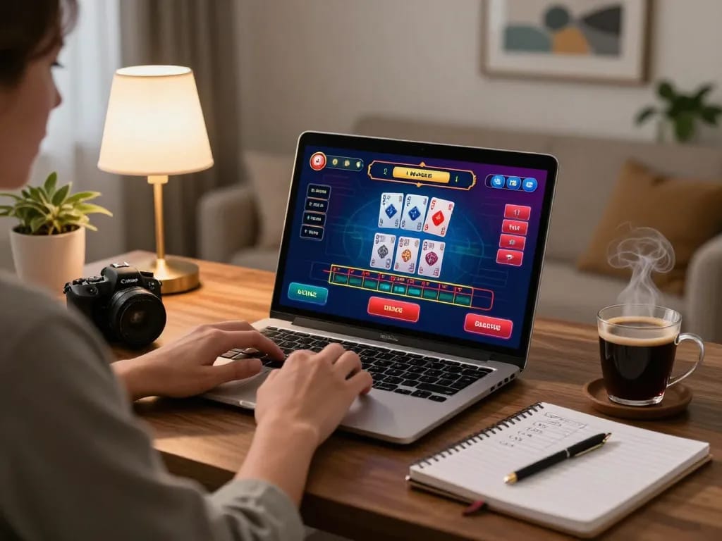 Player engages with nhà cái ee88 at home, enjoying live baccarat on laptop with cozy, stylish setup.