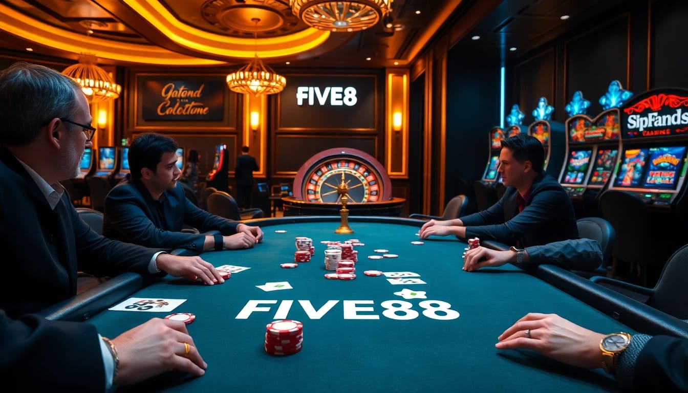 Exciting poker action at FIVE88 casino with colorful chips and professional players