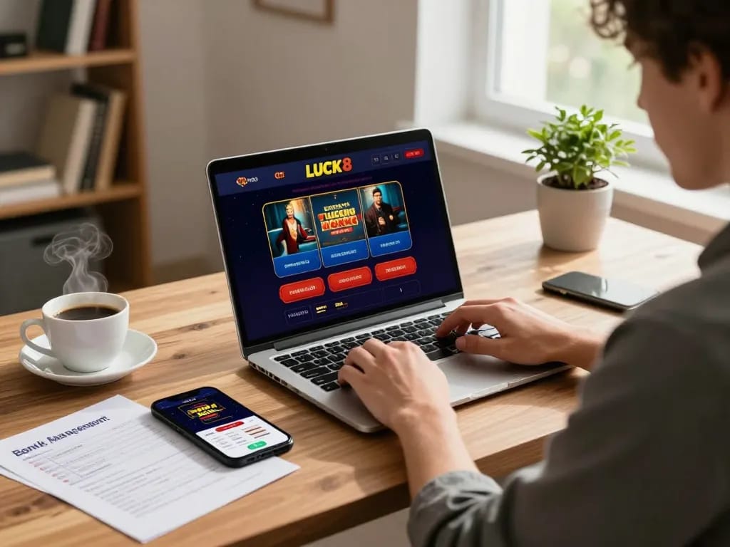 LUCK8 user engaging in strategic online gaming session at home with laptop and smartphone.