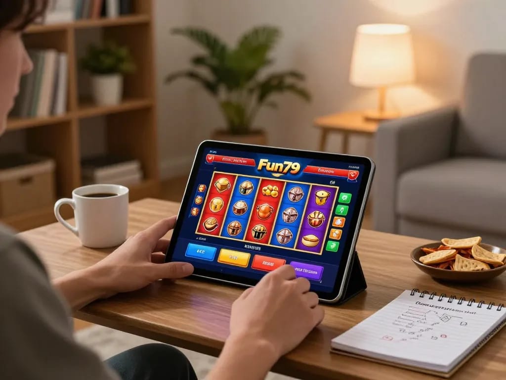 Tải app fun79 for mobile gaming in a stylish home setup with strategy notes.