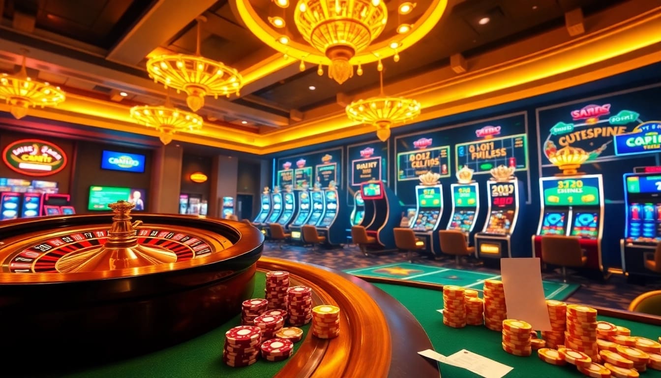 Engage with free credit live22 at a luxury casino setting adorned with a roulette wheel and vibrant slot machines.