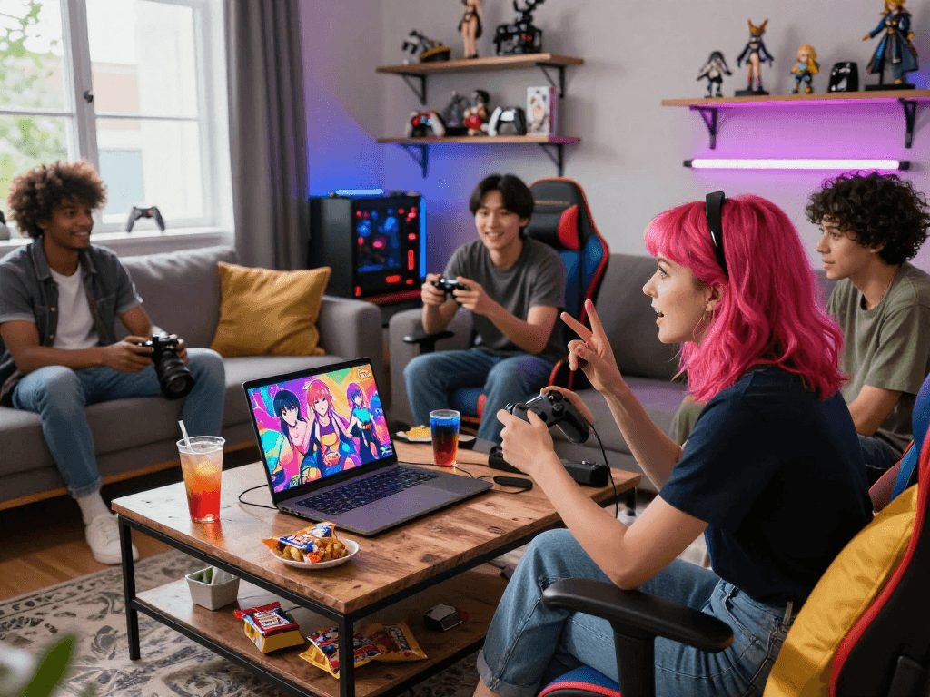 Gathered friends enjoy lively discussions while playing engaging hentai games in a cozy modern living room.