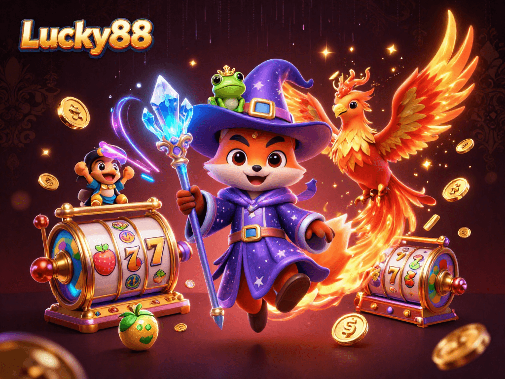 Experience the excitement of Lucky88 with vibrant game elements and mystical characters in a rich casino-themed scene.