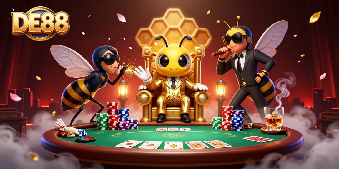 DE88 showcases an action-packed poker scene with a bumblebee mob boss and dynamic elements.