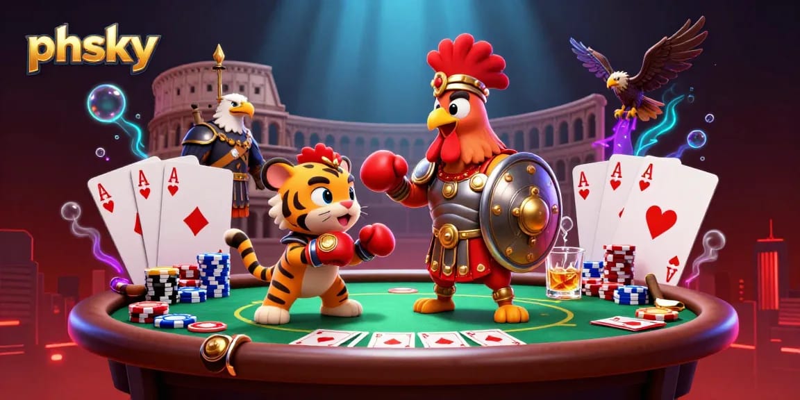 PHSKY casino game illustration featuring a rooster warrior, tiger cub, and eagle, surrounded by poker elements.