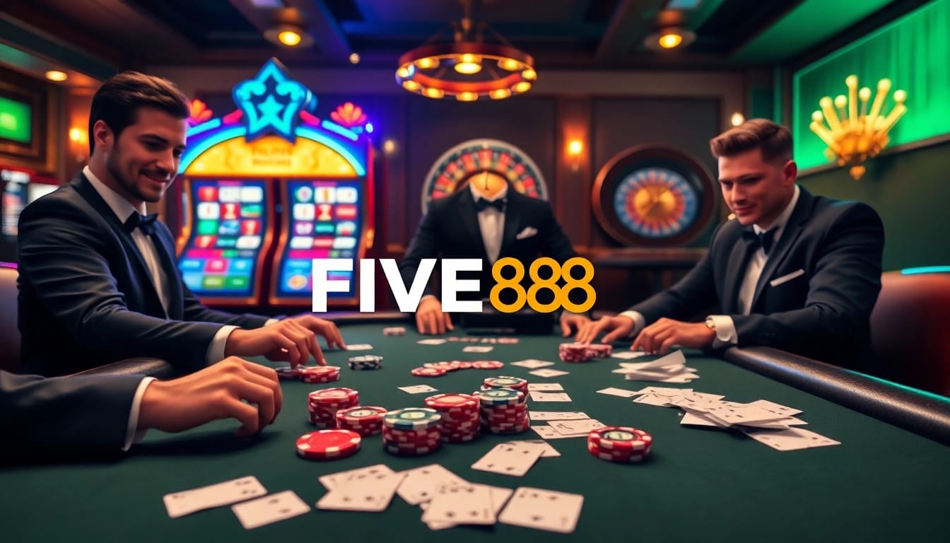 FIVE88 online casino poker table with vibrant chips and stylish cards in an elegant setting.