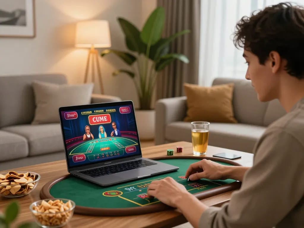 Engaged player enjoying online casino games on one88h laptop at home, showcasing immersive gaming experience.