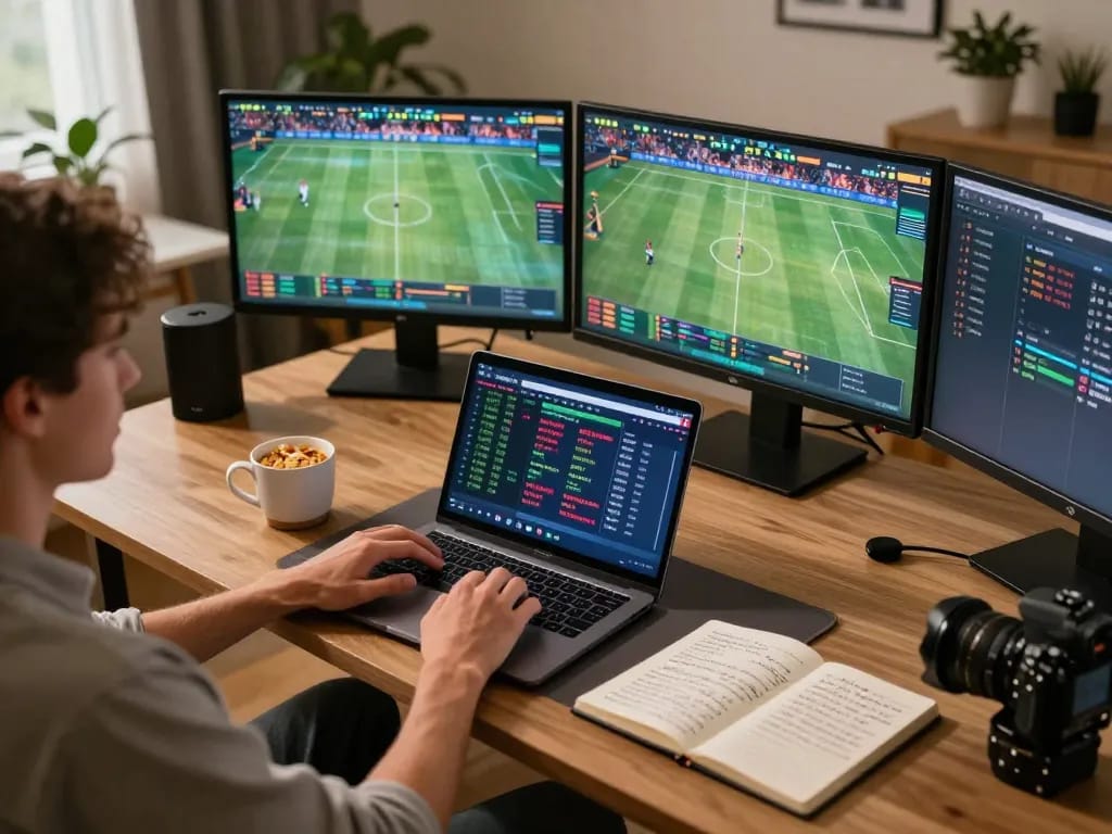 Place bets on go8 at an engaging home sportsbook setup with vibrant interface and snacks.