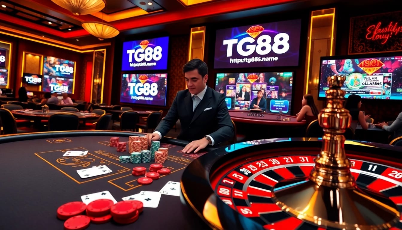 Experience the excitement of online gambling at https://tg88.name with dynamic poker tables and vibrant casino elements.