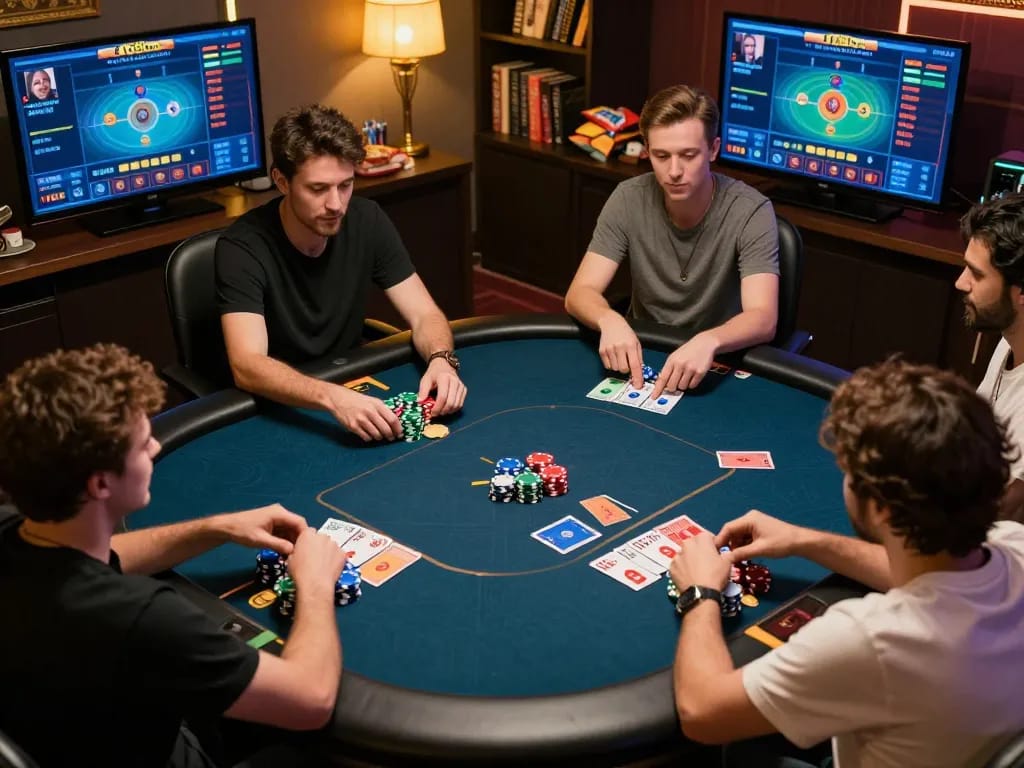 Players enjoying a thrilling online poker game on F168bet with vibrant chips and strategic gameplay.
