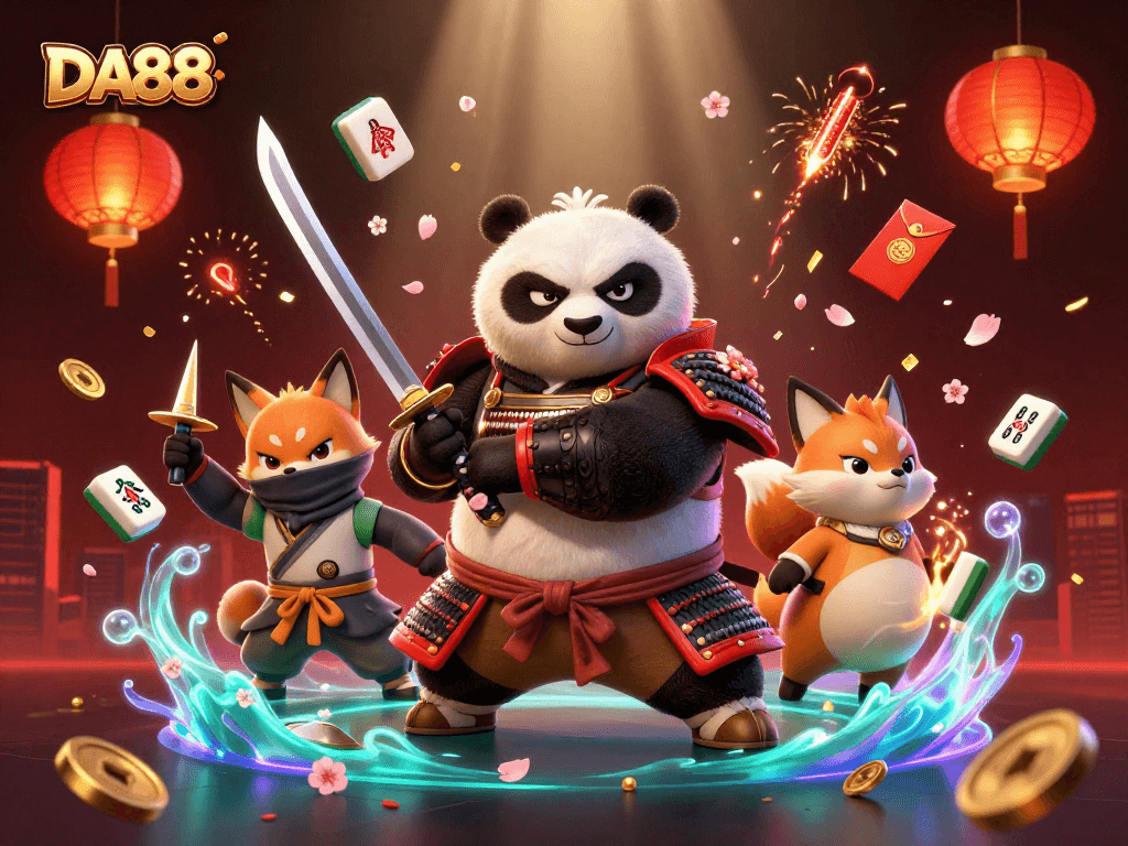 Engage with DA88 through an action-packed casino scene featuring dynamic characters and festive elements.