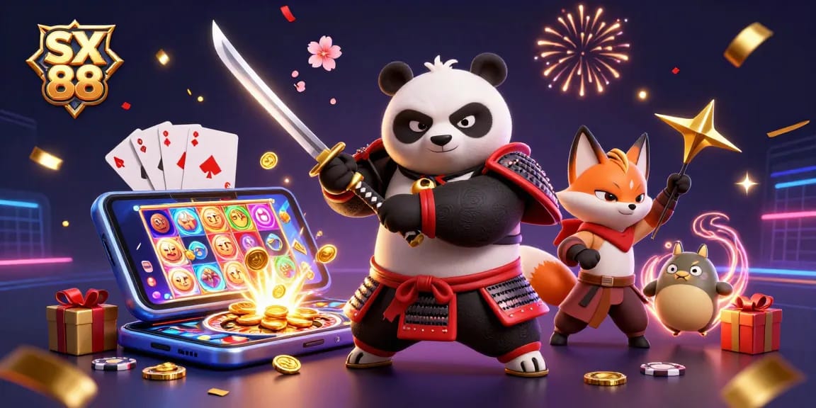 SX 88 players engaging with dynamic rich casino elements, samurai panda and ninja fox in action.
