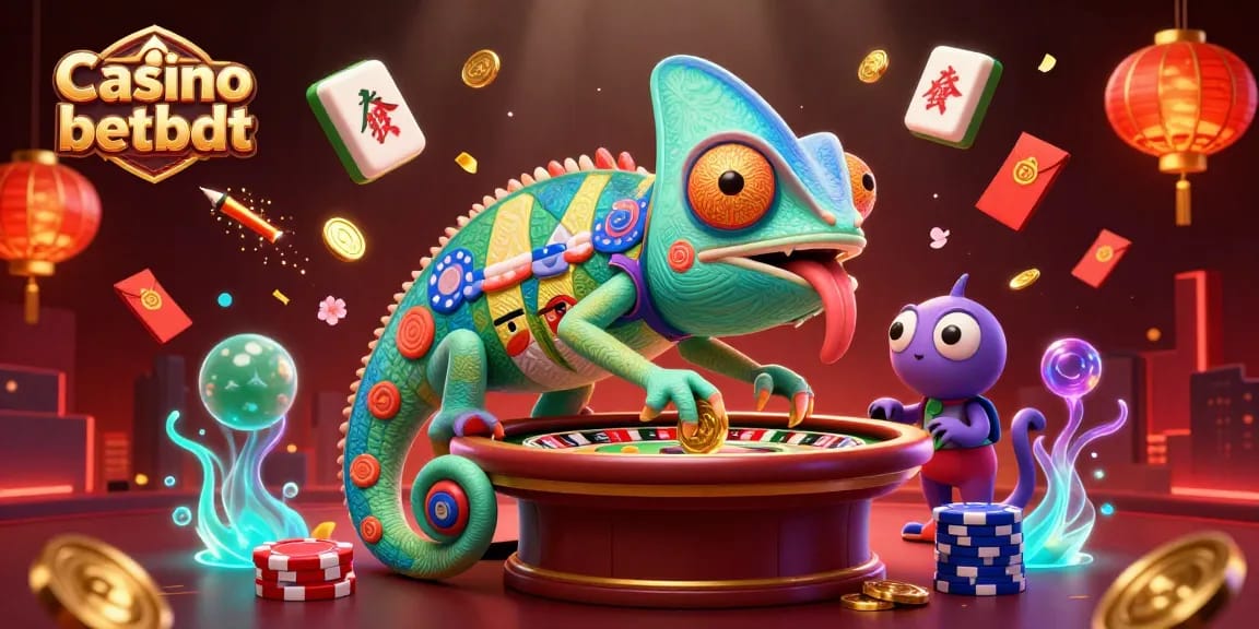 Casino betbdt showcases a vibrant scene of a chameleon casino owner amidst dynamic gaming elements.