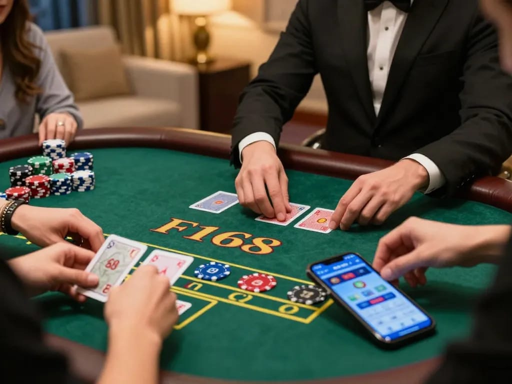 Players engaging in baccarat strategy at F168 online casino with vibrant cards and chips.