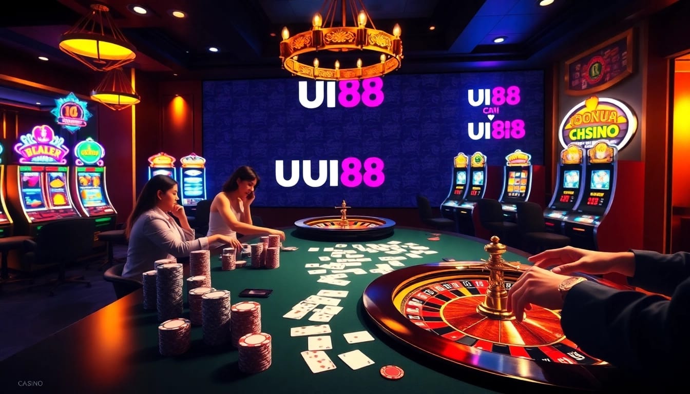 Players enjoying games at nhà cái UU88 casino with vibrant slot machines and poker tables.