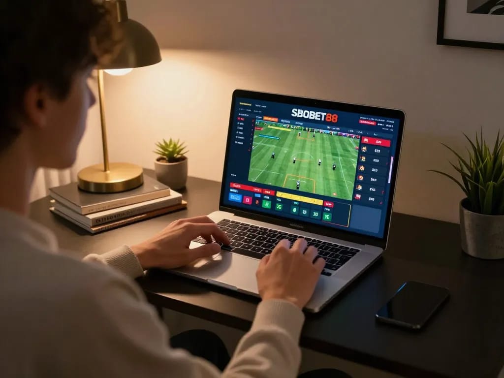 Pemain SBOBET88 merencanakan taruhan di laptop dalam kantor rumah yang nyaman