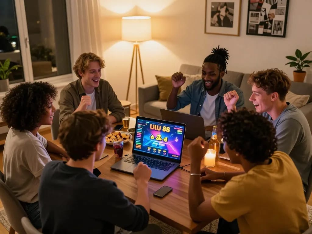 Players engaged with UU 88 game on laptop, capturing thrilling online casino experience