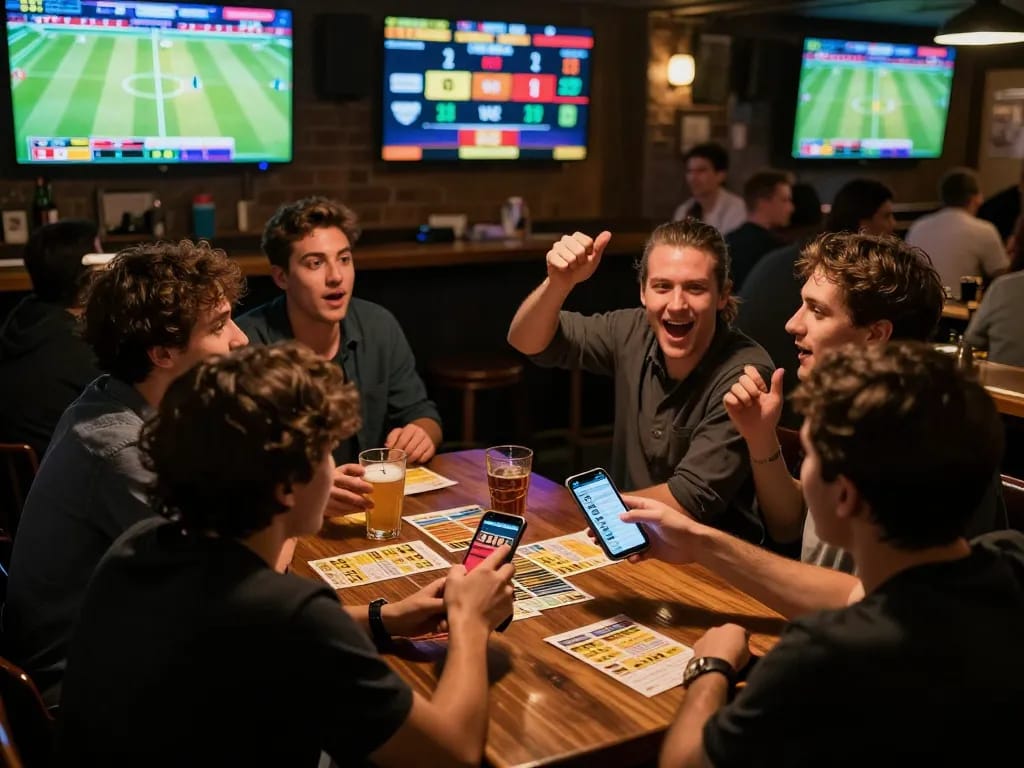 View of a lively sports betting event with patrons engaging on Bsport app, cheering on live games.