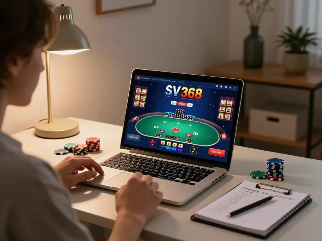 Player enjoys online gambling via SV 368 interface in a cozy home setting.