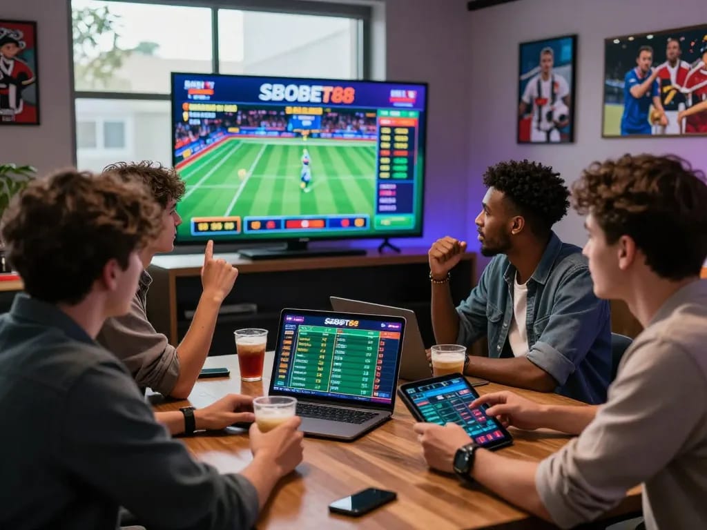 SBOBET88 online sports betting scene with friends engaging in live betting strategies, dynamic atmosphere, and vibrant lighting.