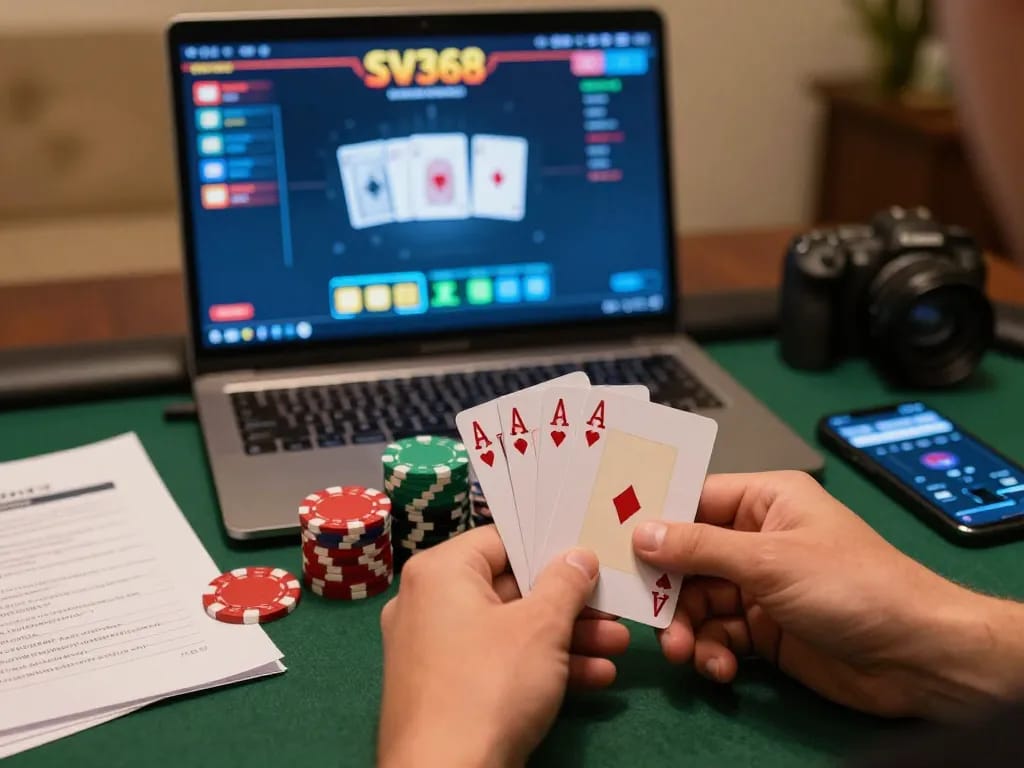 Intense gameplay at SV368 with a player's poker hand revealing aces and vibrant game interface close-up
