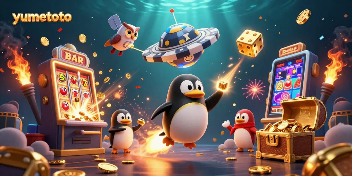 Experience yumetoto's thrilling gaming adventure with a golden penguin racing towards jackpots and coins flying everywhere.