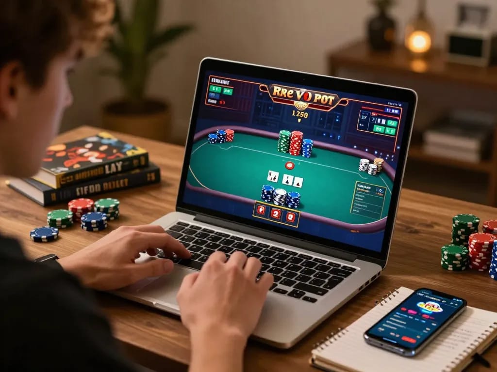 Player strategizing poker gameplay on hm88 platform, laptop showing competitive hand.