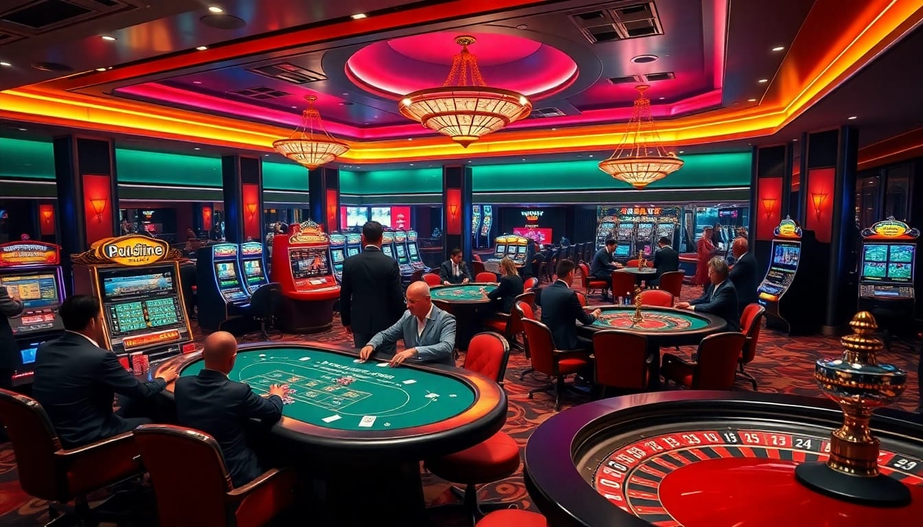 A thrilling scene of gamers engaging at the trang chủ 789f casino tables, featuring poker chips and roulette wheels.