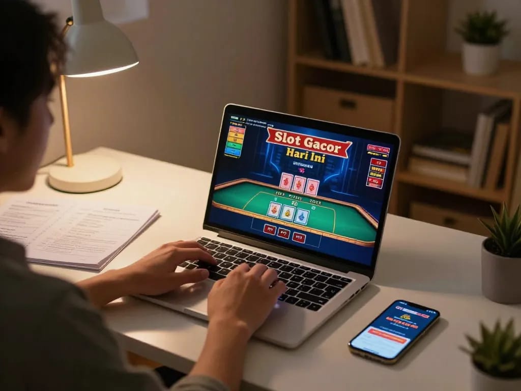 Rasakan sensasi bermain Slot Gacor Hari Ini dengan pengaturan laptop yang menampilkan permainan dealer langsung dan catatan strategi.
