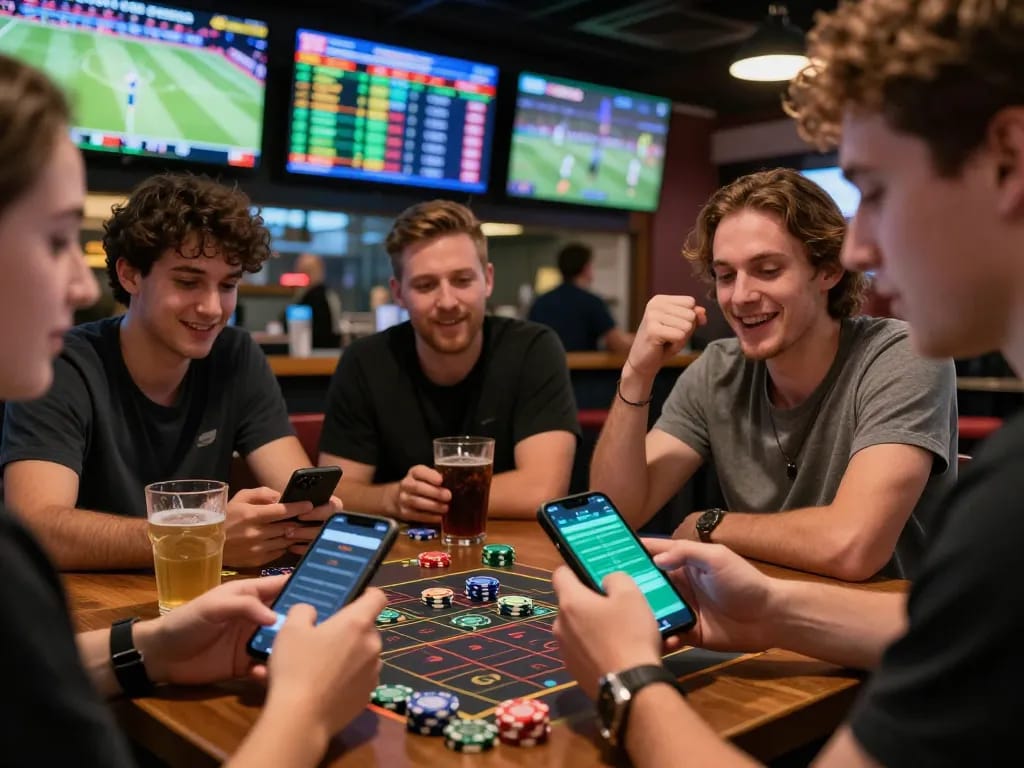 People engaged in soi keo nha cai action in a vibrant sports bar, analyzing odds and placing bets.