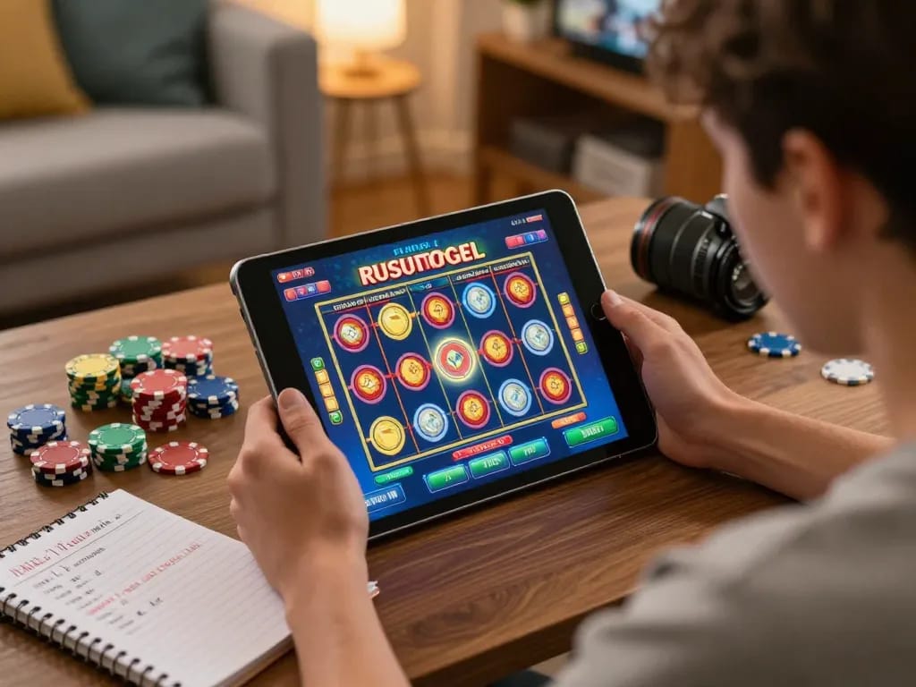 Player engaging in the rusuntogel online slot game with betting strategies in cozy home setup.
