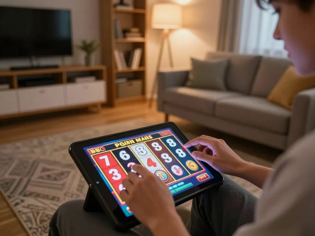 Engaged player enjoying ee88 online slots on a tablet in a cozy home setting.